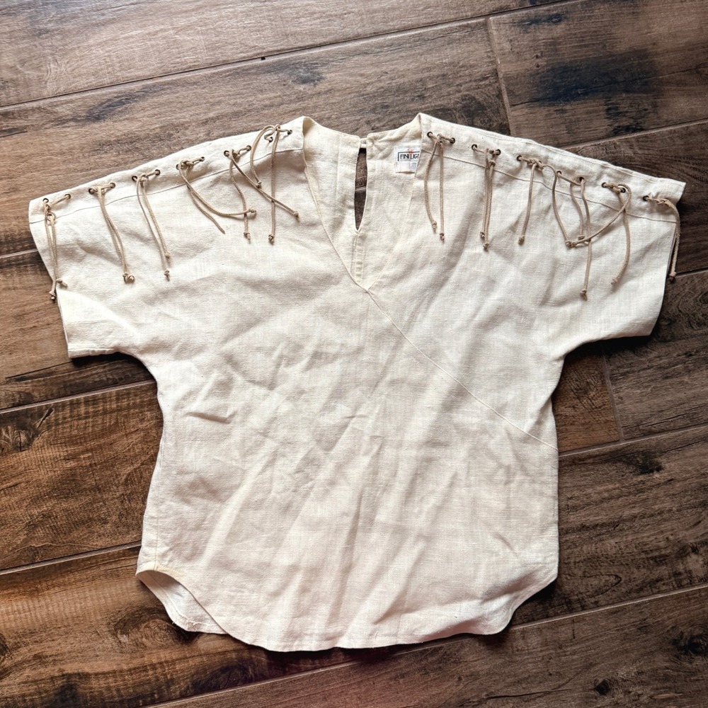 Fini Lignarolo x I Magnin Vintage Women Linen Lace Up Shoulder Blouse, Cream, L